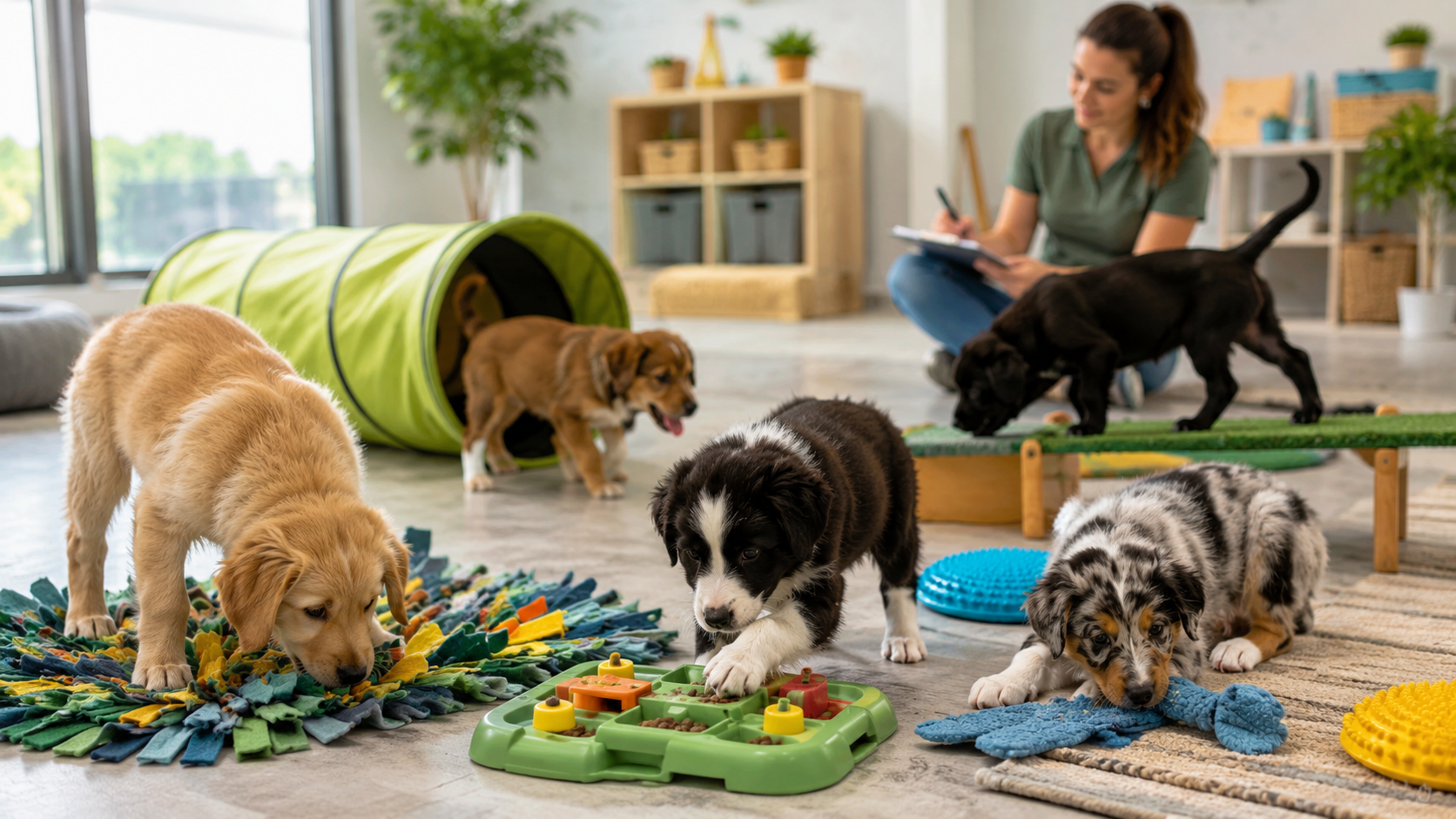 Group of curious mixed-breed puppies exploring an enriched indoor play area with toys and tunnels