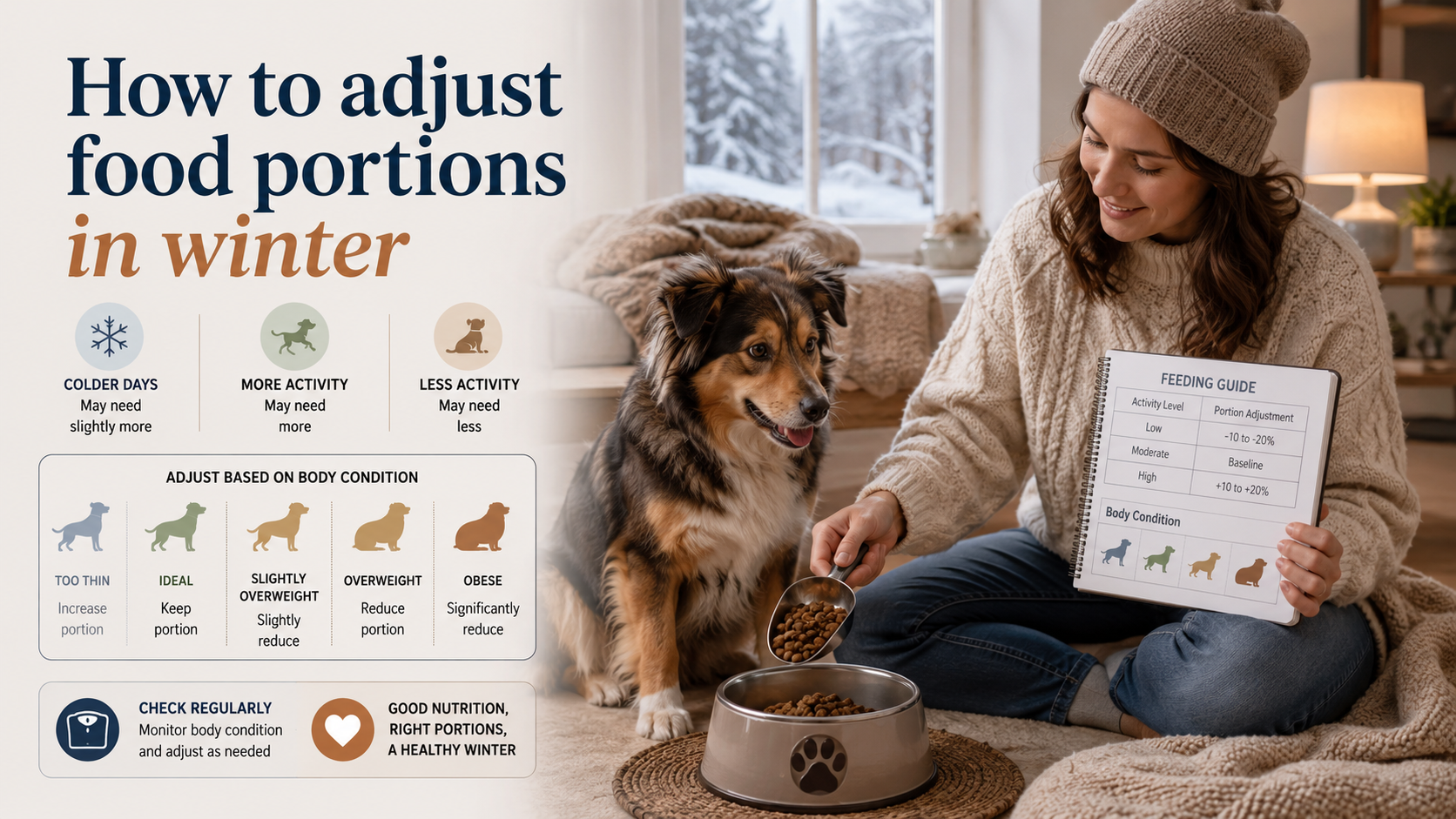 Dog eating from a metal bowl in a cozy kitchen while snow falls outside the window