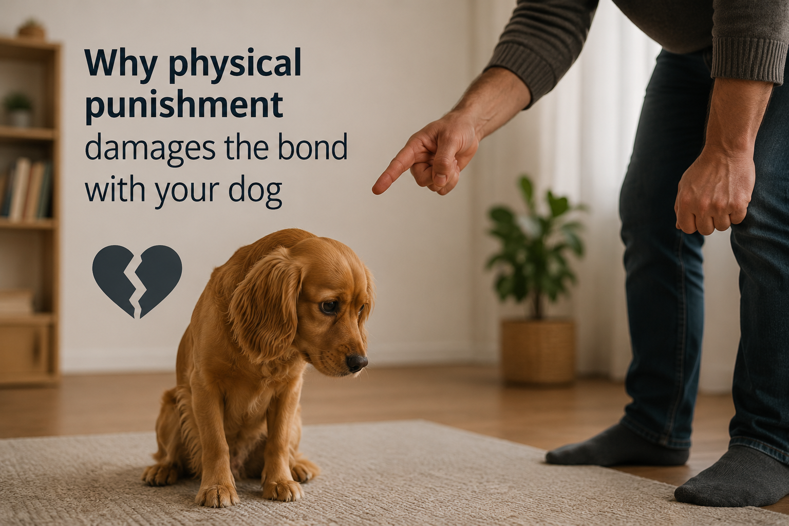 Calm dog receiving a treat from its owner during a positive reinforcement training session in a bright living room